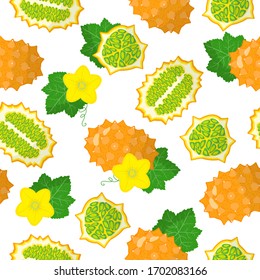 Dibujo vectorial sin fisuras con Cucumis metuliferus o Kiwano frutas exóticas, flores y hojas sobre fondo blanco para tela, impresión, textura de tela o papel pintado.