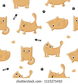 Vector cartoon seamless pattern with cute ginger cats. Perfect for postcard, poster, Valentine's day, anniversary, birthday, baby book. 