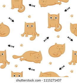 Vector cartoon seamless pattern with cute ginger cats. Perfect for postcard, poster, Valentine's day, anniversary, birthday, baby book. 