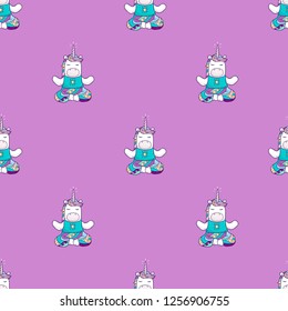 Vector cartoon seamless pattern with cute magical unicorn doing yoga exercises 