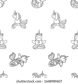 Vector cartoon seamless pattern with cute magical unicorn doing yoga exercises and meditation 