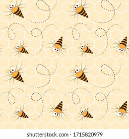 Vector cartoon seamless pattern with cute flying honey bees on yellow honeycombs background