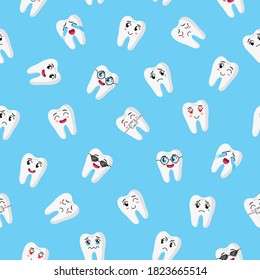 Vector cartoon seamless pattern with cute teeth characters with different emotions for web, print, cloth texture or wallpaper. Children's dental concept.