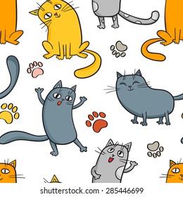 Vector cartoon seamless pattern with cute cats