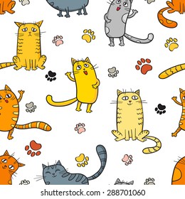Vector cartoon seamless pattern with cute cats