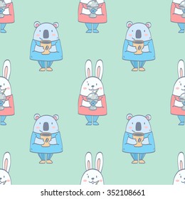 Vector cartoon seamless pattern with cute animals together friends, rabbit and koala bear with smoothie and coffee cup