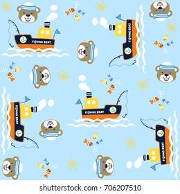 Vector cartoon seamless pattern of cute bear the sailor with sailing elements and fishes