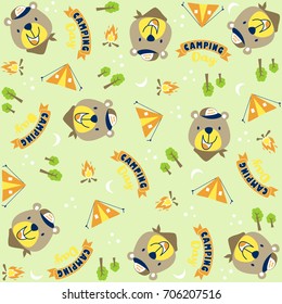 Vector cartoon seamless pattern of cute bear with camping elements