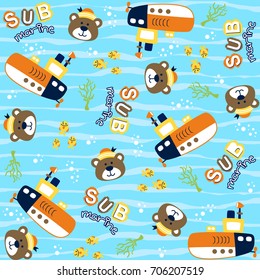 Vector Cartoon Seamless Pattern With Cute Animals. Bear The Sailor With Submarine