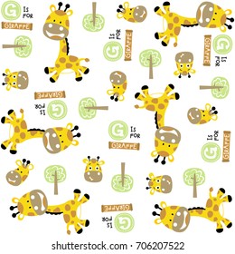 Vector cartoon seamless pattern with cute giraffe