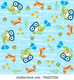 Vector cartoon seamless pattern of cute frog wearing diving goggles with marine animals undersea