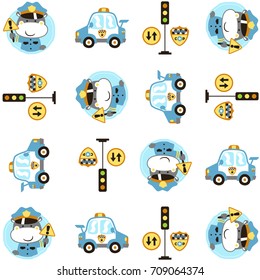 Vector cartoon seamless pattern of cute hippo in traffic cop uniform with traffic elements
