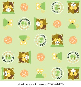 Vector cartoon seamless pattern of cute cat with mice playing hide and seek