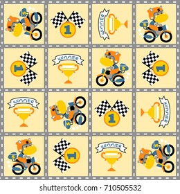 Vector cartoon seamless pattern of cute hippo riding motorcycle with motorbike racing elements