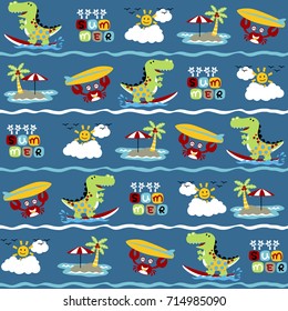 Vector cartoon seamless pattern, cute dinosaur with crab surfing in the beach, summer beach vacation elements