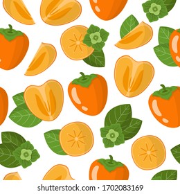 Vector cartoon seamless pattern with Diospyros or Persimmon exotic fruits, flowers and leafs on white background for web, print, cloth texture or wallpaper.