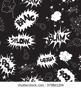 Vector Cartoon Seamless Pattern Of Doodle White Comic Sound Effects On Black Background