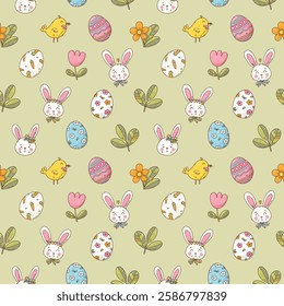 vector cartoon seamless pattern with Easter elements. cute eggs and funny bunnies