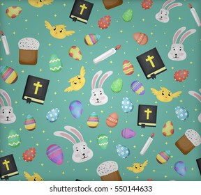 Vector cartoon seamless pattern with easter decoration for gift wrap paper, covering and branding on celadon background. Concept of Happy Easter.