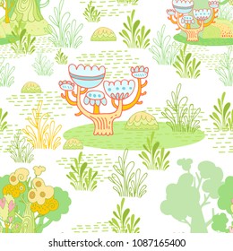 Vector cartoon seamless pattern with a fantastic glade, forest, trees, plants,