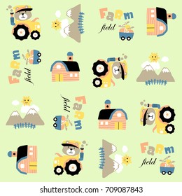 Vector cartoon seamless pattern of farming elements, bear on tractor