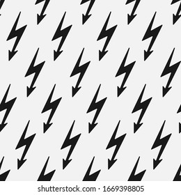 Vector cartoon seamless pattern with flash lightning print. Black and white endless design. Abstract repeatable thunderbolt background.