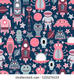The vector cartoon seamless pattern with flat aliens, spaceships, planets, satellites and cosmonaut. Funny characters.