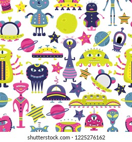The vector cartoon seamless pattern with flat aliens, spaceships, planets, satellites and cosmonaut. Funny characters.