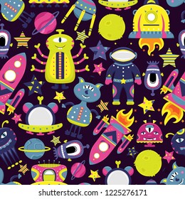 The vector cartoon seamless pattern with flat aliens, spaceships, planets, satellites and cosmonaut. Funny characters.