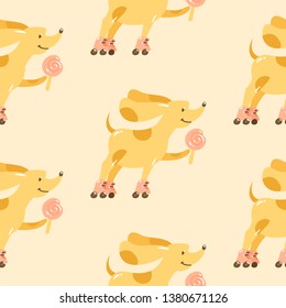 Vector cartoon seamless pattern. Flat yellow dog walking by retro roller skates. Cute vector sketch puppy with lollipop rollerblading outdoor. Design for textile, packaging and wrapping paper.