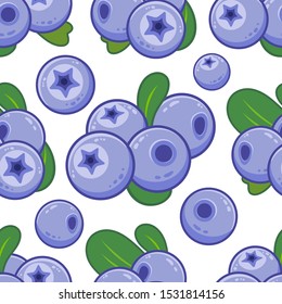 Vector cartoon seamless pattern. Food theme. Cute blueberries with leaves. Perfect for wallpaper, paper, background, textures, ornament