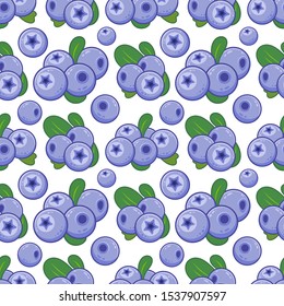 Vector cartoon seamless pattern. Food theme. Cute blueberries with leaves. Perfect for wallpaper, paper, background, textures, ornament