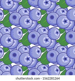 Vector cartoon seamless pattern. Food theme. Cute blueberries with leaves. Perfect for wallpaper, paper, background, textures, ornament