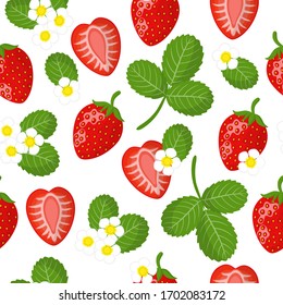 Vector cartoon seamless pattern with Fragaria ananassa or garden Strawberry exotic fruits, flowers and leafs on white background for web, print, cloth texture or wallpaper.