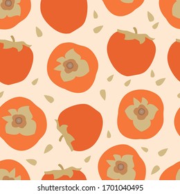 Vector cartoon seamless pattern with fruit persimmon and leafs on light background for web, print, cloth texture or wallpaper.