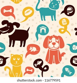 Vector cartoon seamless pattern with funny cats and dogs  -