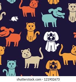 Vector cartoon seamless pattern with funny cats and dogs - abstract background