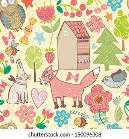 Vector Cartoon seamless pattern with funny animals, flowers, house and trees.