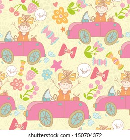 Vector cartoon seamless pattern with funny girl in the car.
