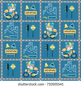 Vector cartoon seamless pattern of funny bear riding motorcycle with city traffic elements