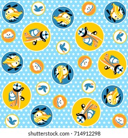 Vector cartoon seamless pattern of funny air transportation with bird and clouds on stars background