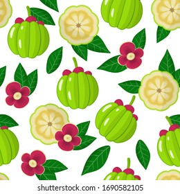 Vector cartoon seamless pattern with Garcinia or monkey fruit exotic fruits, flowers and leafs on white background for web, print, cloth texture or wallpaper