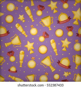 Vector cartoon seamless pattern with golden cups, medals and awards for gift wrapping paper, covering and branding on the purple background. Concept of rewarding and winning