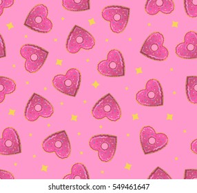 Vector cartoon seamless pattern with heart donut and stars for gift wrap and covering. Concept of Happy Valentine's Day.