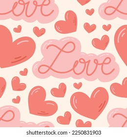 Vector cartoon seamless pattern with hearts and love lettering.