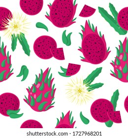 Vector cartoon seamless pattern with Hylocereus undatus or Sweet Red Pitaya exotic fruits, flowers and leafs on white background for web, print, cloth texture or wallpaper