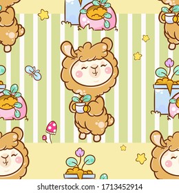 Vector cartoon seamless pattern. Kawaii anime llama with flowers in pots, butterflies and mushroom on green and yellow background. Cute abstract illustration, art for popular kids design