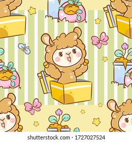 Vector cartoon seamless pattern. Kawaii anime alpaca, llama in box with presents and cute plants and flowers. Abstract illustration, art for popular kids design. Perfect for textile, texture, paper