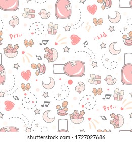 Vector cartoon seamless pattern. Kawaii abstract background, texture with kids cartoon elements. Grey and pink color palette