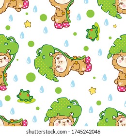 Vector cartoon seamless pattern. Kawaii anime alpaca (or llama) in funny pink boots with monstera leaves, water drops and cute toads, lovely rainy day pattern, background